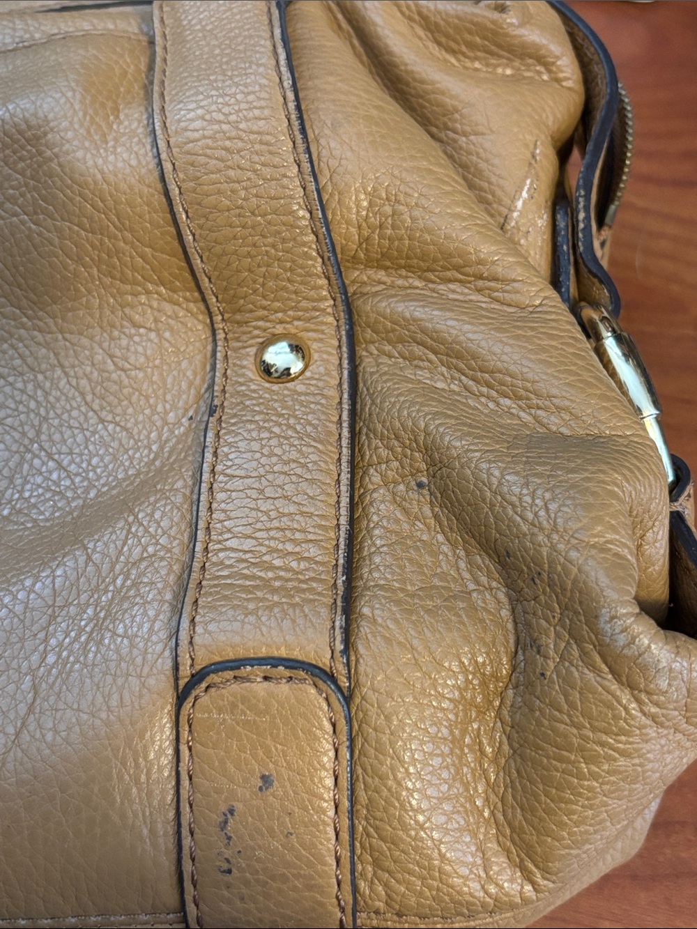 Michael Kors Tan Leather Shoulder Bag with Gold MK Medallion - Picture 11 of 15
